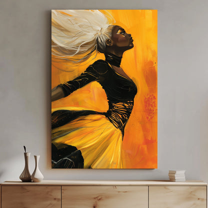 A striking contemporary wall art print of a woman with flowing platinum hair in motion against a radiant golden background, exuding confidence and power