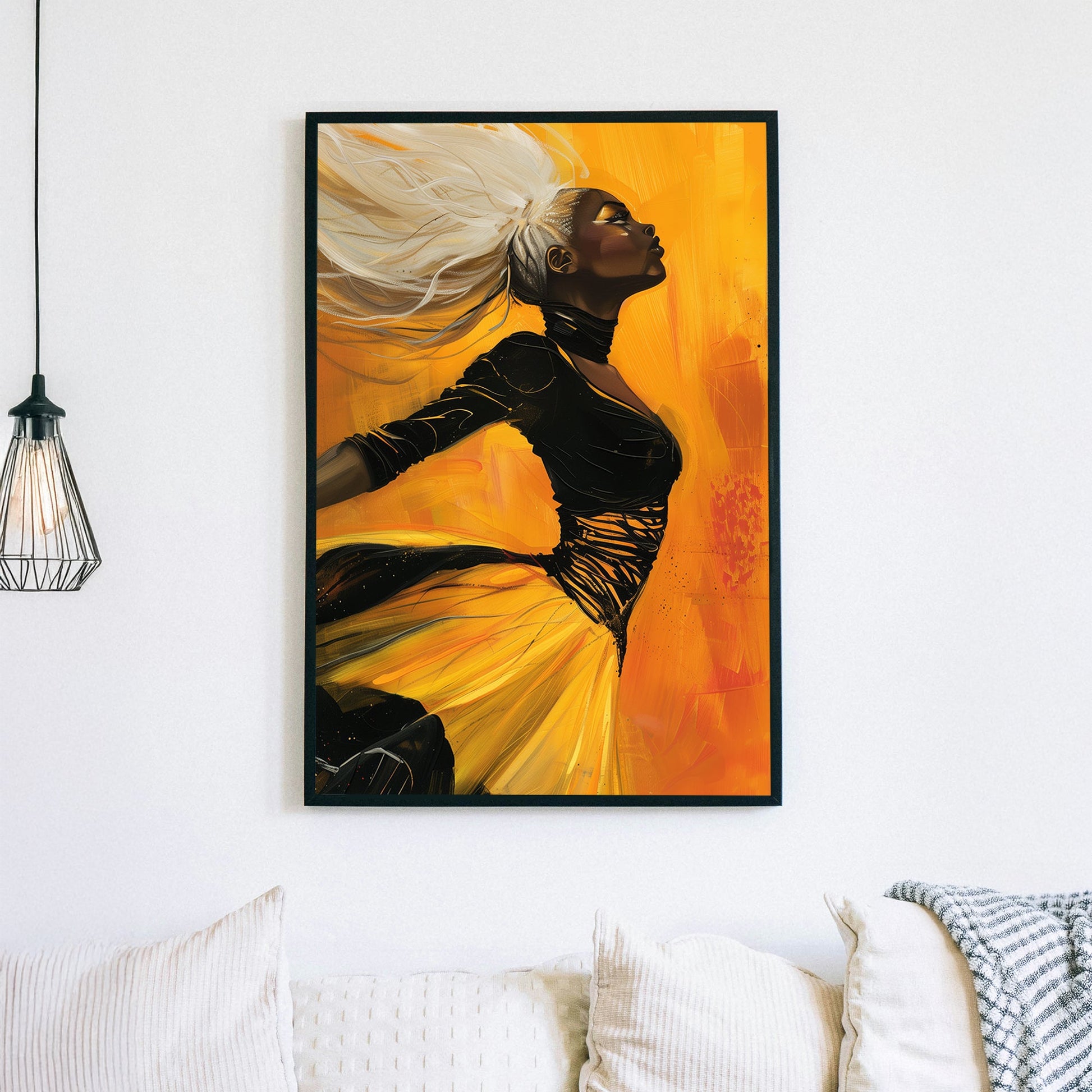 A striking contemporary wall art print of a woman with flowing platinum hair in motion against a radiant golden background, exuding confidence and power