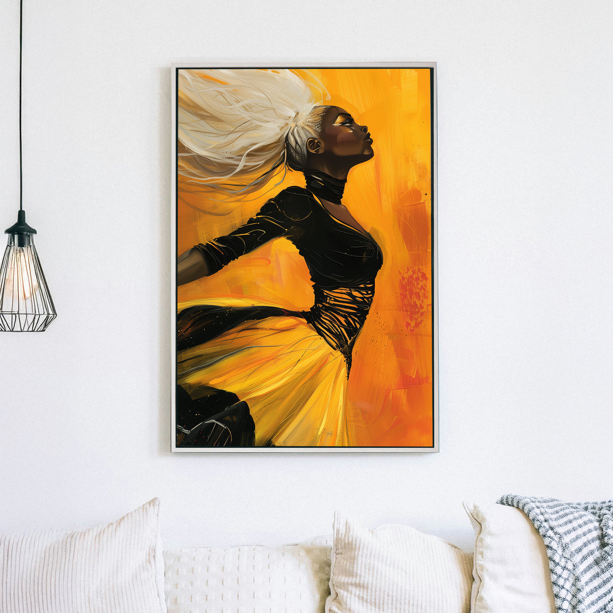 A striking contemporary wall art print of a woman with flowing platinum hair in motion against a radiant golden background, exuding confidence and power
