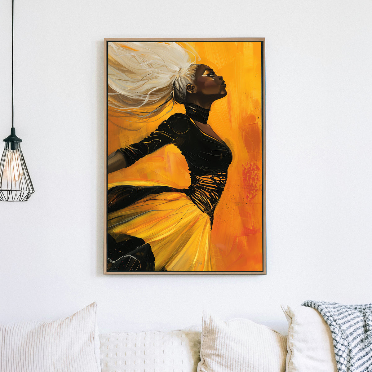 A striking contemporary wall art print of a woman with flowing platinum hair in motion against a radiant golden background, exuding confidence and power