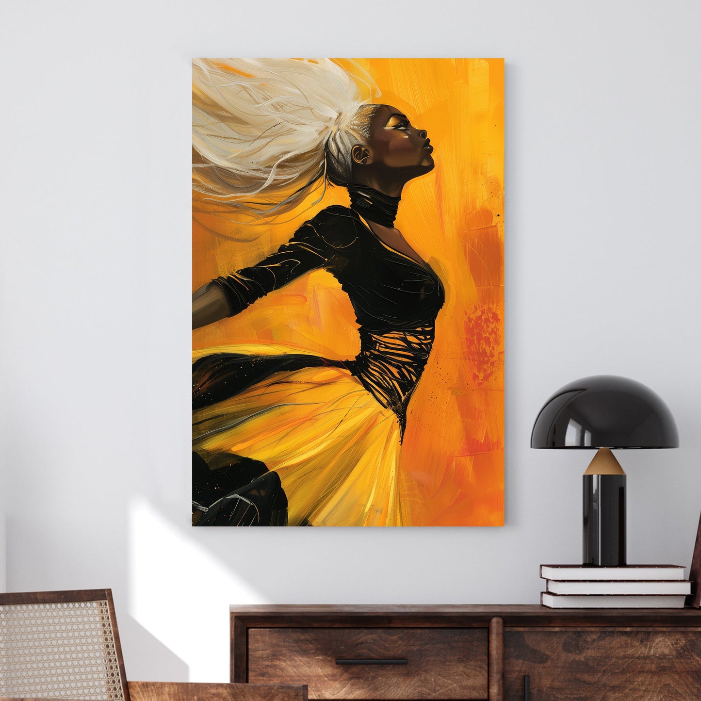 A striking contemporary wall art print of a woman with flowing platinum hair in motion against a radiant golden background, exuding confidence and power