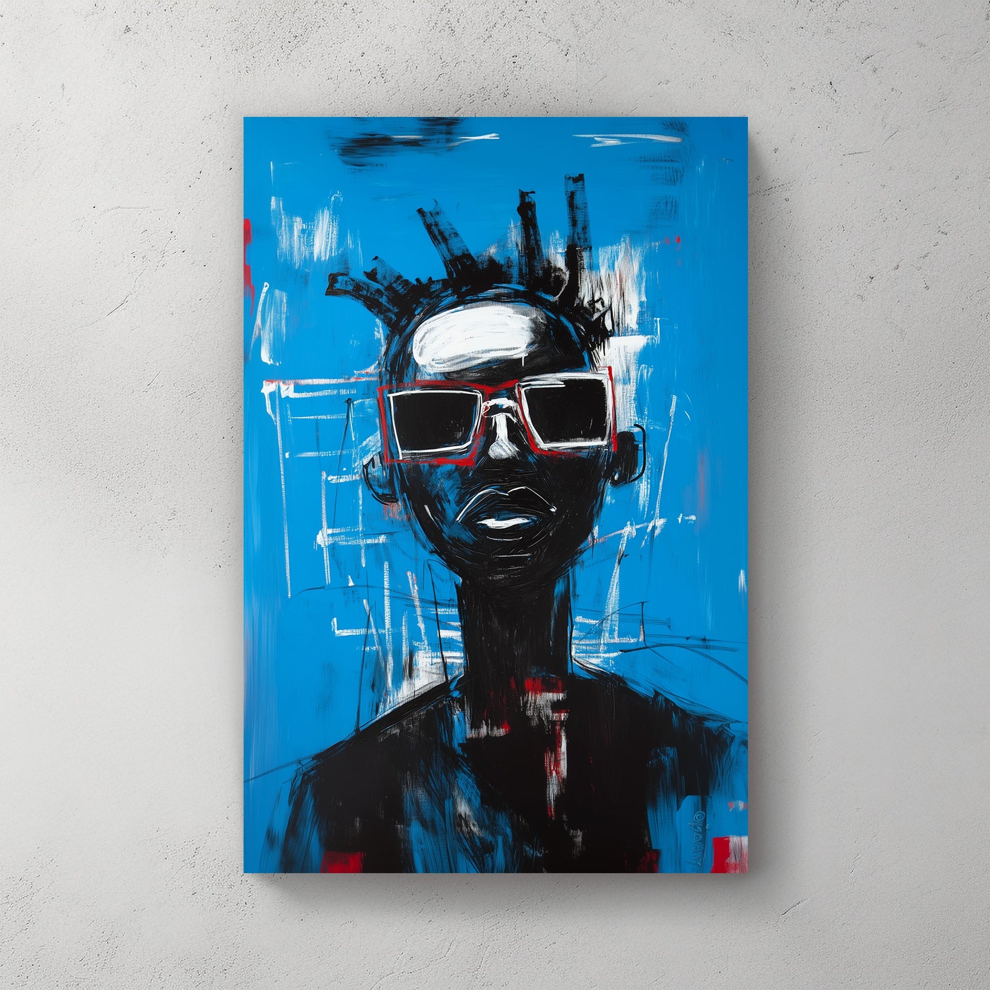 A striking contemporary wall art print of a figure in oversized red sunglasses, set against an electric blue background with bold brushstrokes and graffiti-style details