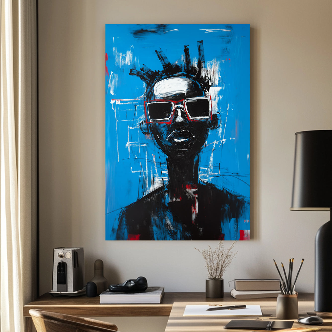 A striking contemporary wall art print of a figure in oversized red sunglasses, set against an electric blue background with bold brushstrokes and graffiti-style details