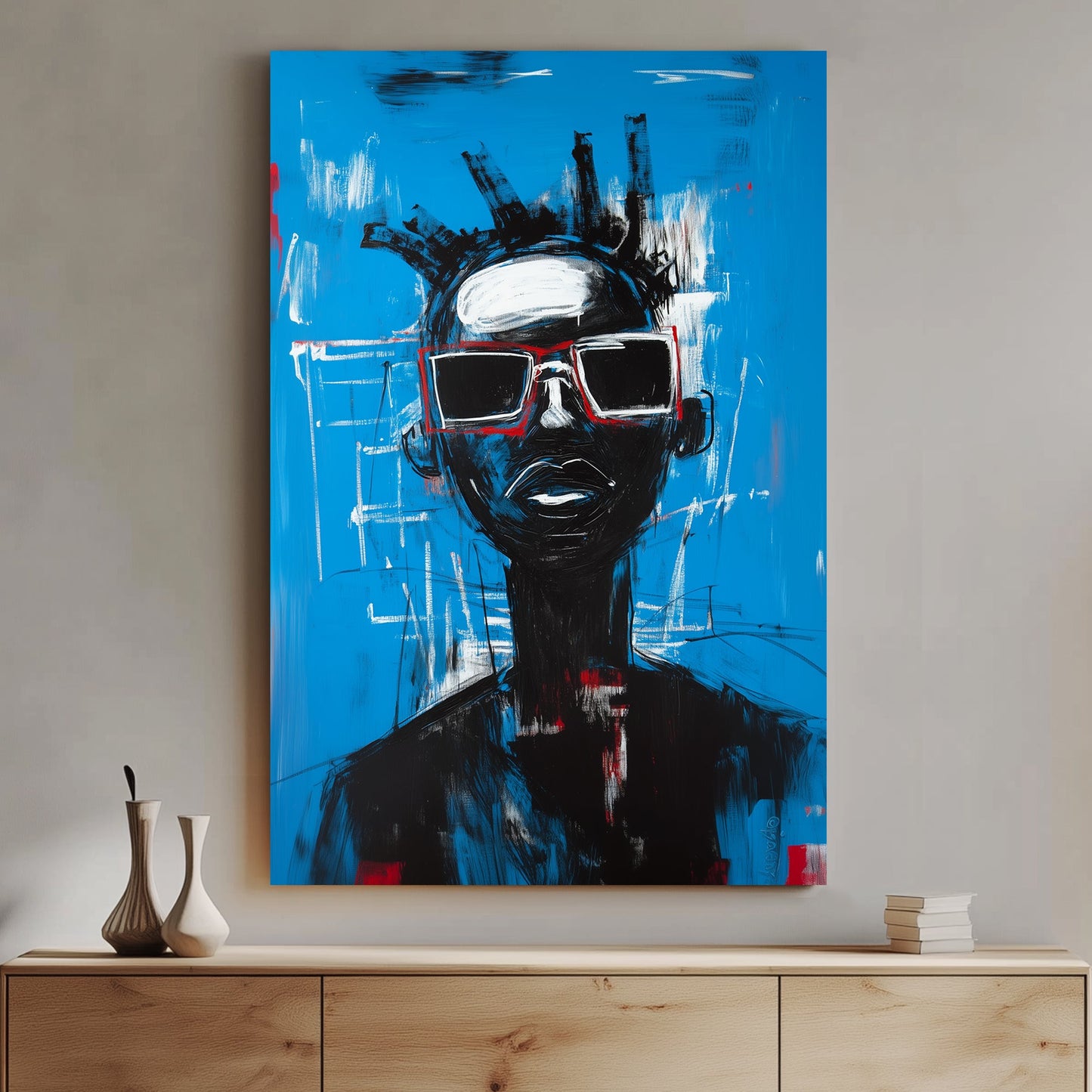 A striking contemporary wall art print of a figure in oversized red sunglasses, set against an electric blue background with bold brushstrokes and graffiti-style details