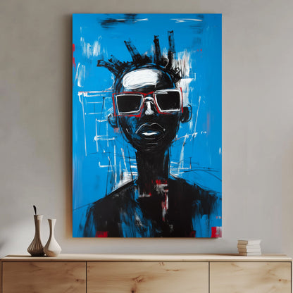 A striking contemporary wall art print of a figure in oversized red sunglasses, set against an electric blue background with bold brushstrokes and graffiti-style details