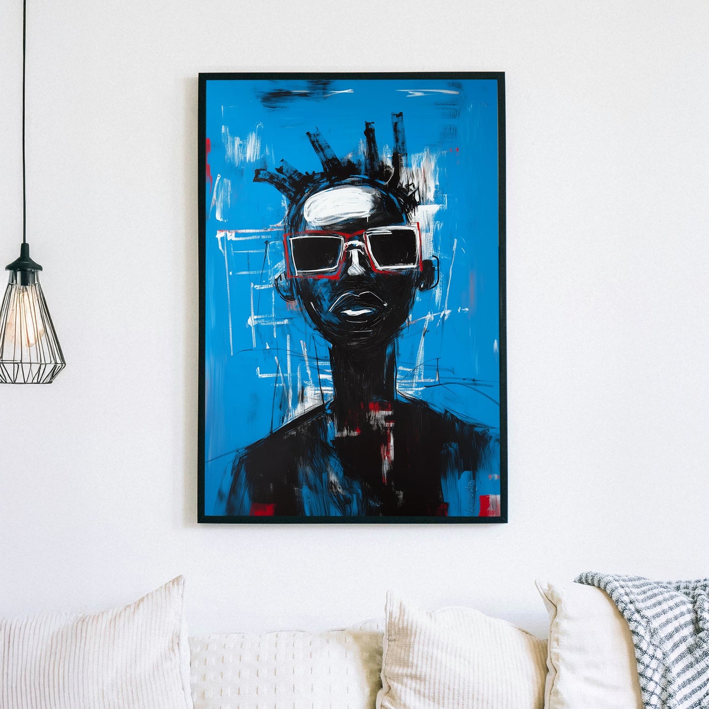 A striking contemporary wall art print of a figure in oversized red sunglasses, set against an electric blue background with bold brushstrokes and graffiti-style details