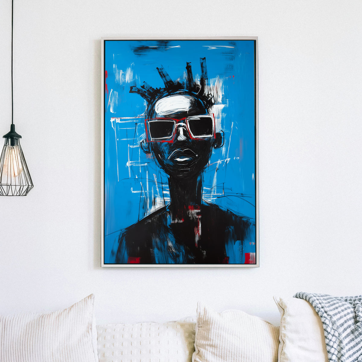 A striking contemporary wall art print of a figure in oversized red sunglasses, set against an electric blue background with bold brushstrokes and graffiti-style details