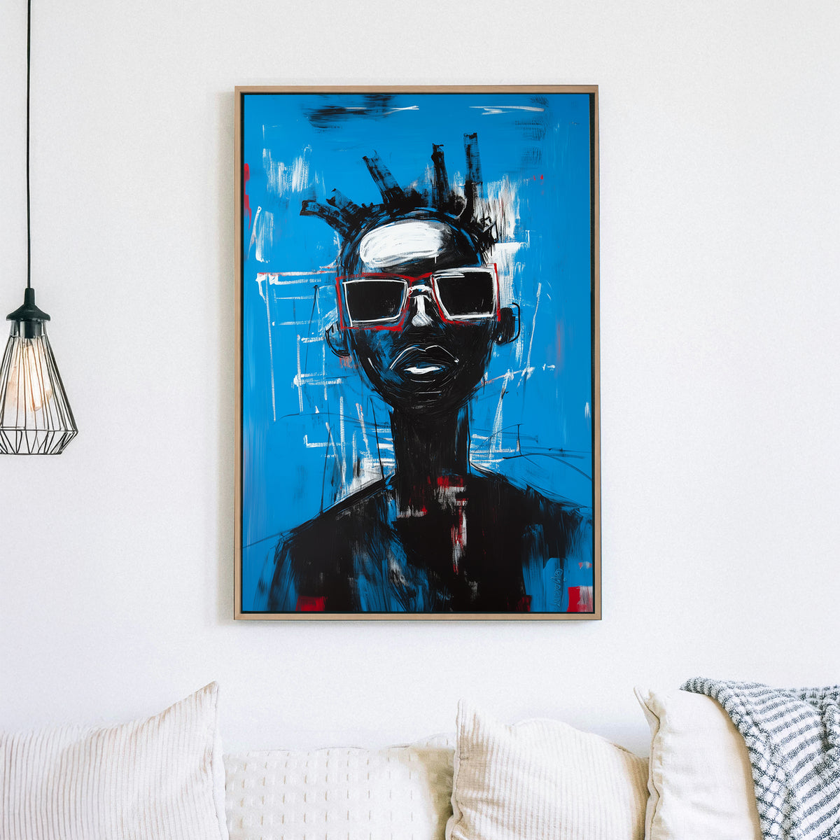 A striking contemporary wall art print of a figure in oversized red sunglasses, set against an electric blue background with bold brushstrokes and graffiti-style details