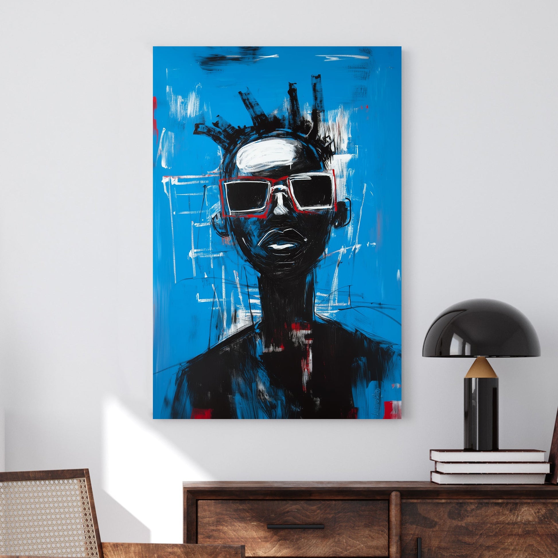 A striking contemporary wall art print of a figure in oversized red sunglasses, set against an electric blue background with bold brushstrokes and graffiti-style details