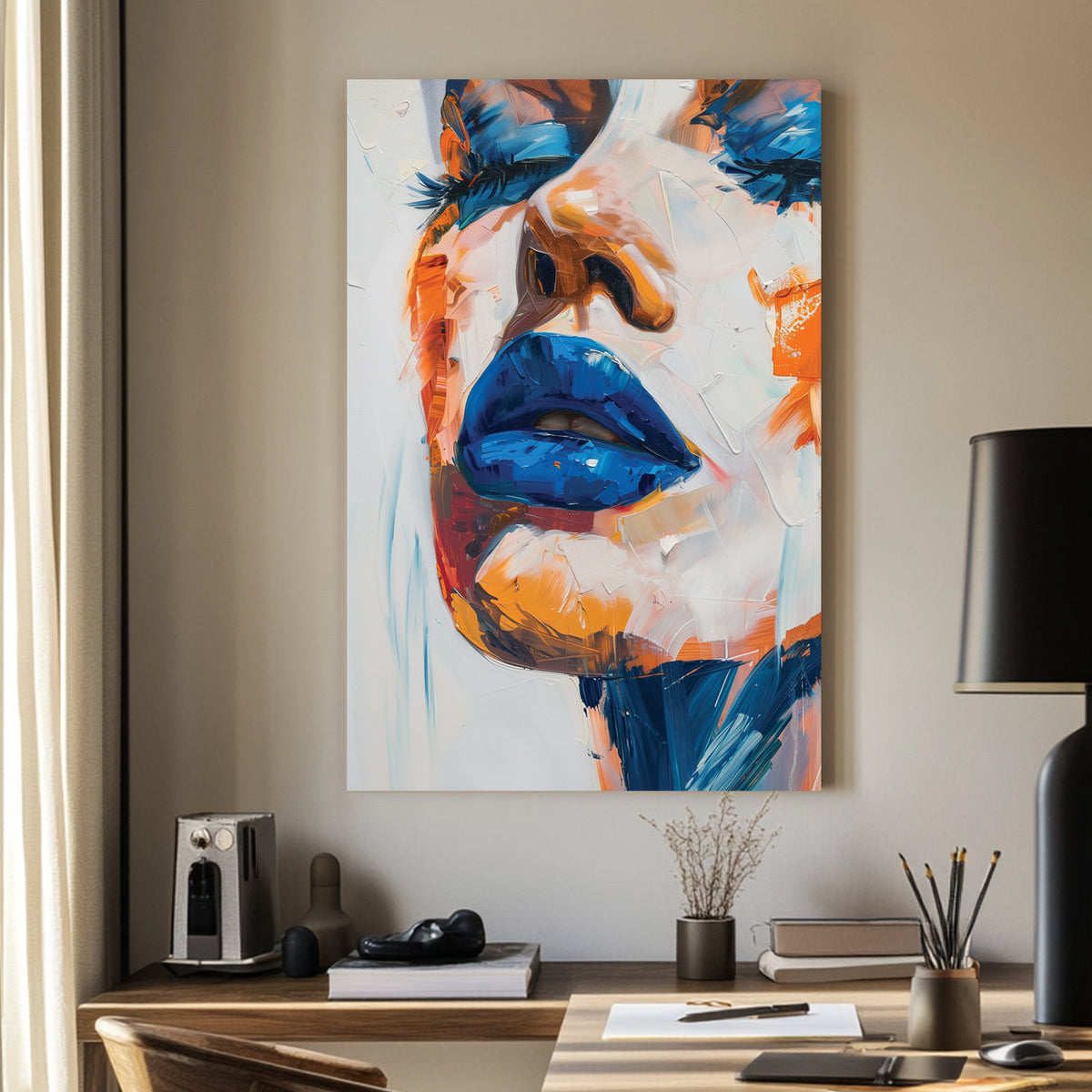 A bold abstract wall art print featuring blue lips with thick, textured paint in orange and peach tones, creating a striking contrast