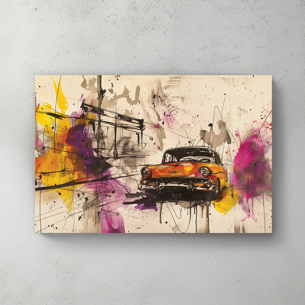 A dynamic abstract wall art print featuring a vintage car speeding through a colourful urban scene with bold splashes of magenta, yellow, and black