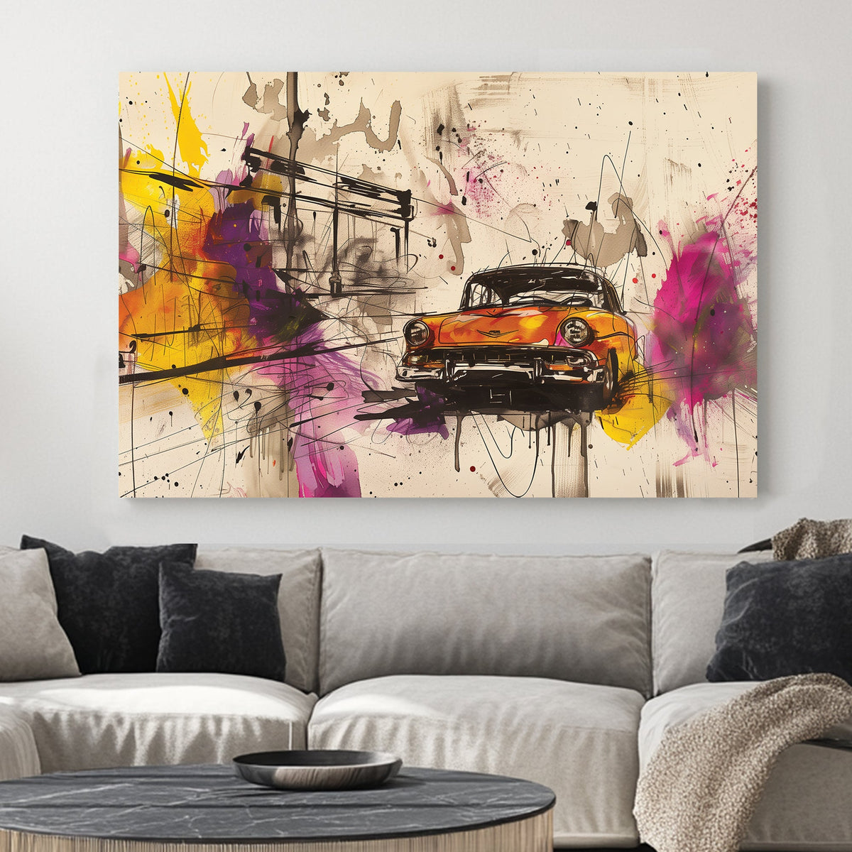 A dynamic abstract wall art print featuring a vintage car speeding through a colourful urban scene with bold splashes of magenta, yellow, and black