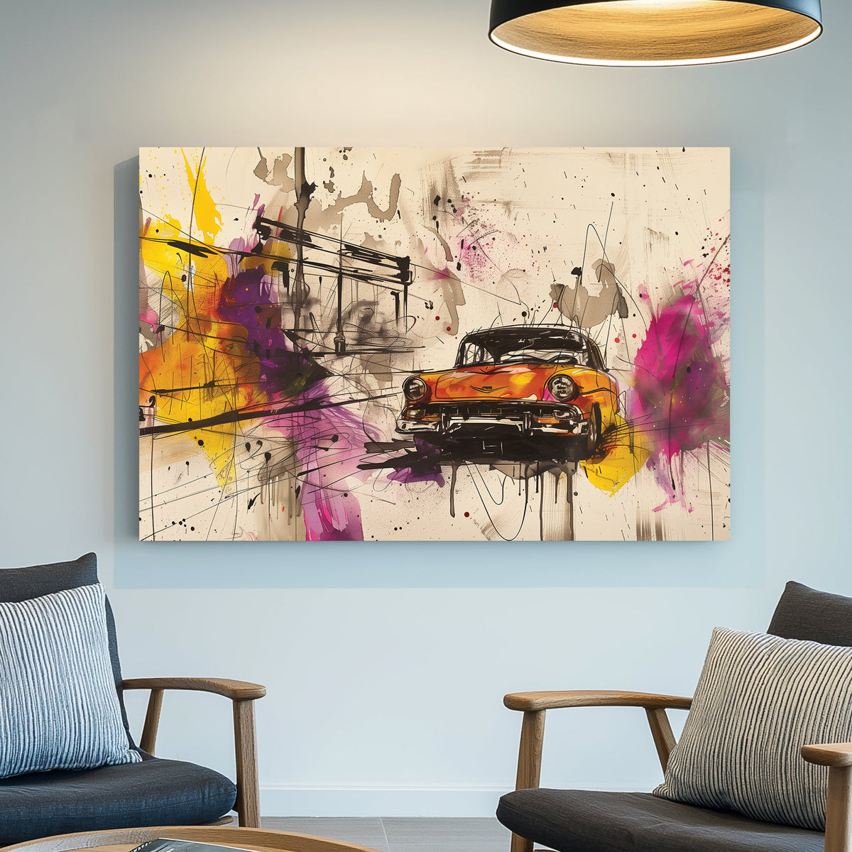 A dynamic abstract wall art print featuring a vintage car speeding through a colourful urban scene with bold splashes of magenta, yellow, and black