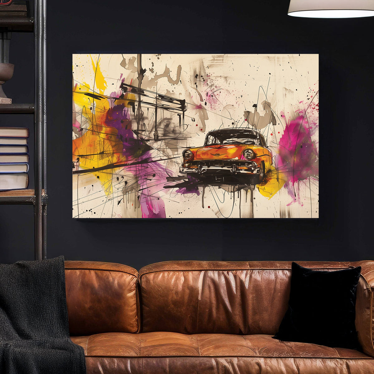 A dynamic abstract wall art print featuring a vintage car speeding through a colourful urban scene with bold splashes of magenta, yellow, and black