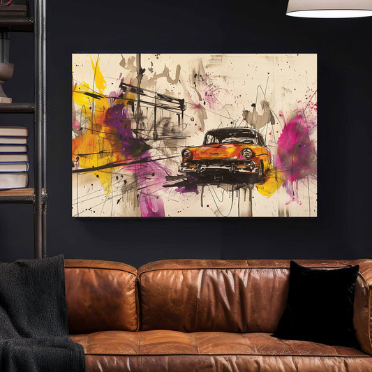 A dynamic abstract wall art print featuring a vintage car speeding through a colourful urban scene with bold splashes of magenta, yellow, and black