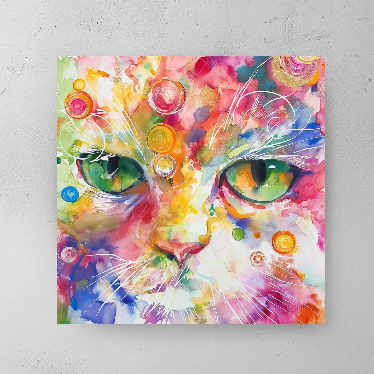 A vibrant abstract wall art print of a cat’s intense green eyes surrounded by swirling watercolour splashes in pink, yellow, blue, and orange