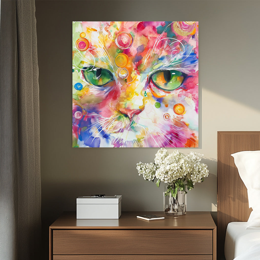 A vibrant abstract wall art print of a cat’s intense green eyes surrounded by swirling watercolour splashes in pink, yellow, blue, and orange