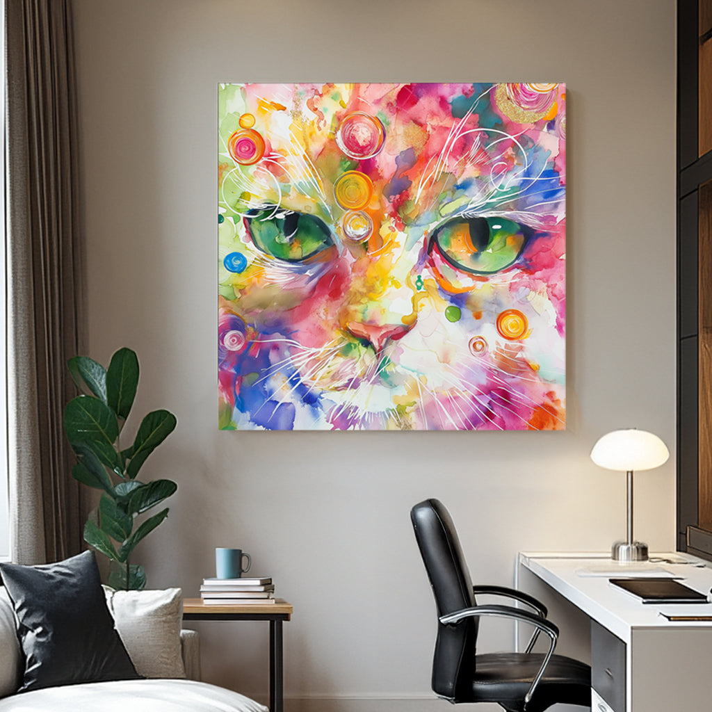 A vibrant abstract wall art print of a cat’s intense green eyes surrounded by swirling watercolour splashes in pink, yellow, blue, and orange