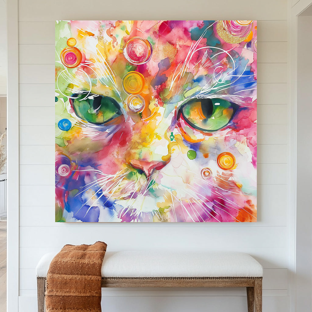A vibrant abstract wall art print of a cat’s intense green eyes surrounded by swirling watercolour splashes in pink, yellow, blue, and orange
