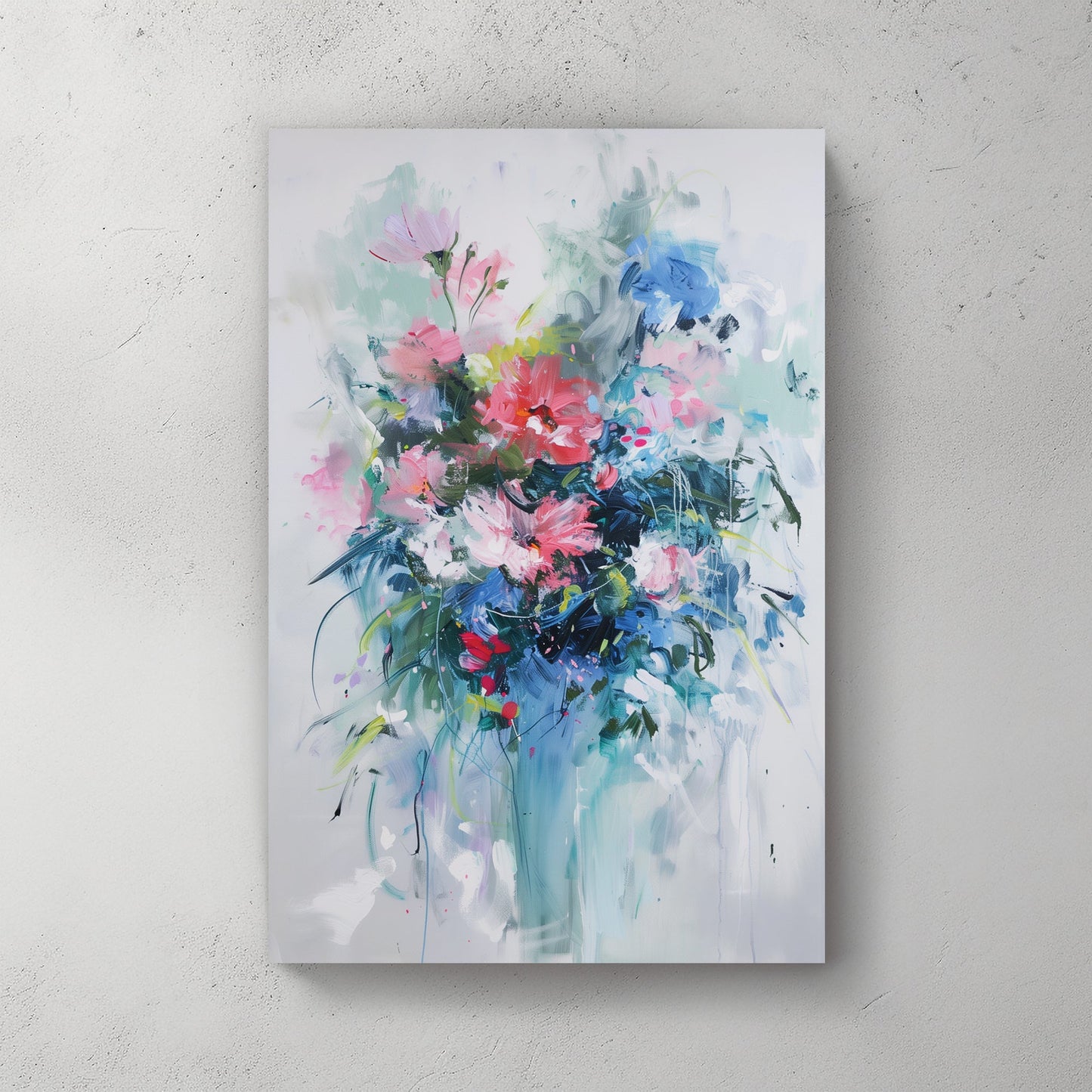 A soft, abstract floral wall art print with delicate brushstrokes of pink, blue, and green, evoking a dreamy and tranquil atmosphere