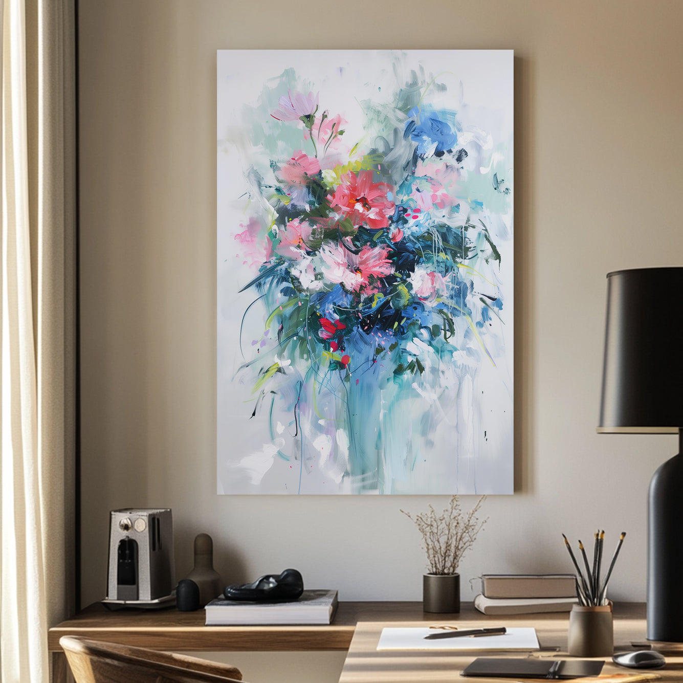 A soft, abstract floral wall art print with delicate brushstrokes of pink, blue, and green, evoking a dreamy and tranquil atmosphere