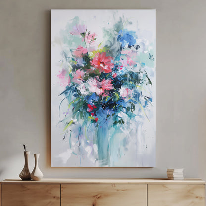 A soft, abstract floral wall art print with delicate brushstrokes of pink, blue, and green, evoking a dreamy and tranquil atmosphere