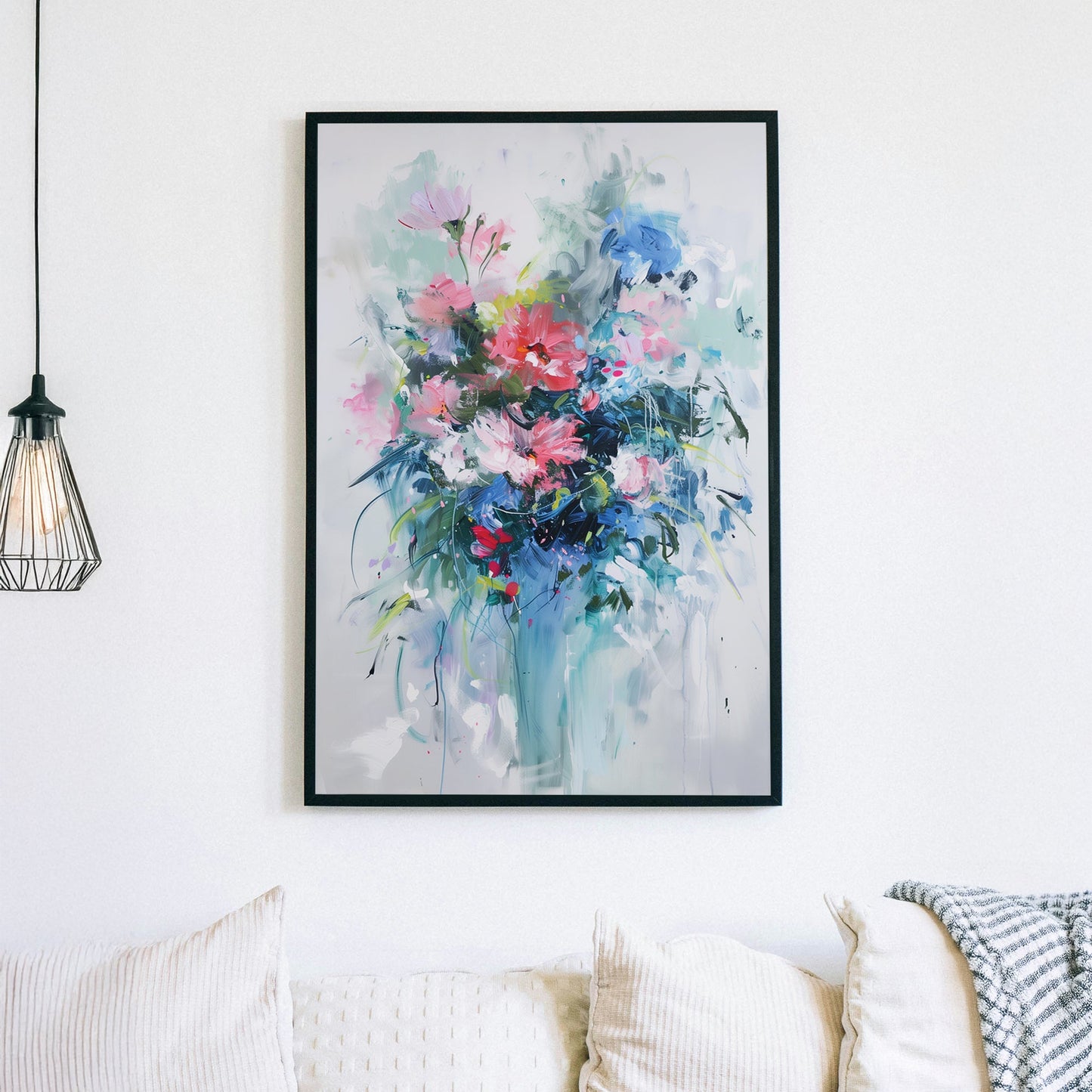 A soft, abstract floral wall art print with delicate brushstrokes of pink, blue, and green, evoking a dreamy and tranquil atmosphere