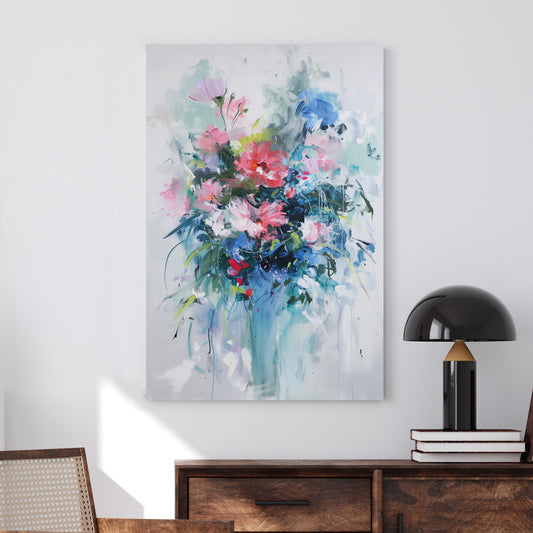 A soft, abstract floral wall art print with delicate brushstrokes of pink, blue, and green, evoking a dreamy and tranquil atmosphere