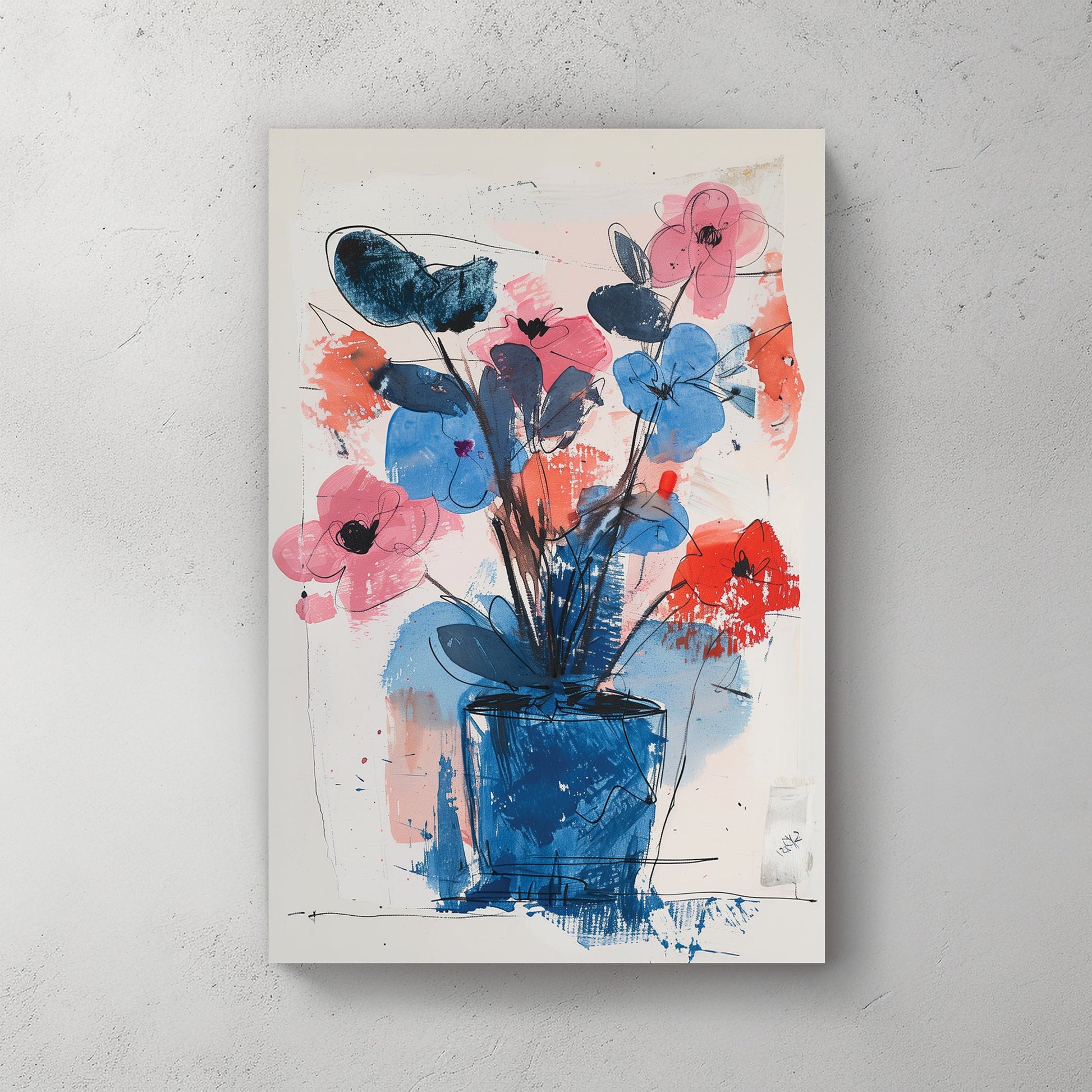 A modern abstract floral wall art print featuring bold strokes of blue, pink, and red with a wall art print-like bouquet in a textured composition.