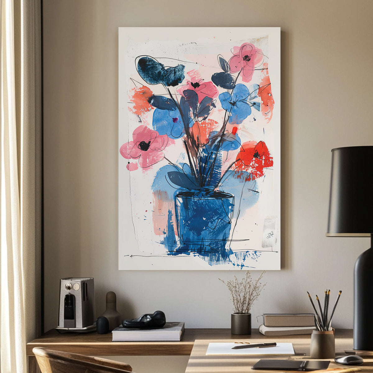 A modern abstract floral wall art print featuring bold strokes of blue, pink, and red with a wall art print-like bouquet in a textured composition.