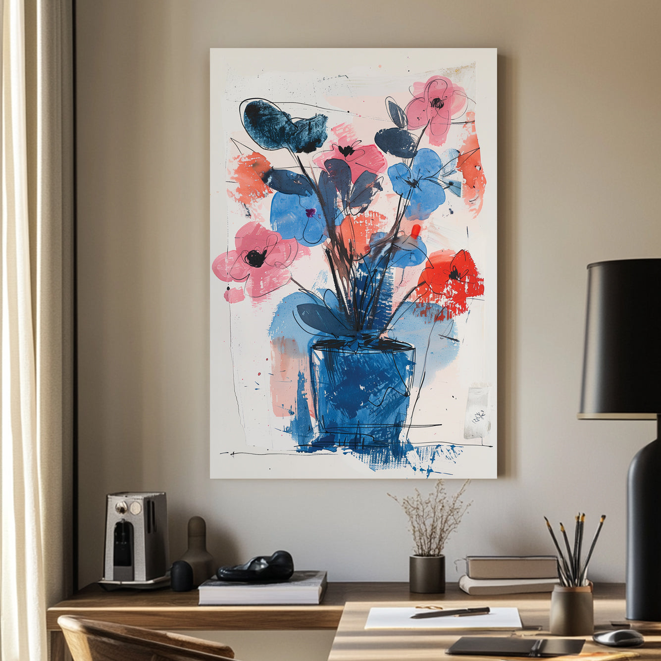 A modern abstract floral wall art print featuring bold strokes of blue, pink, and red with a wall art print-like bouquet in a textured composition.