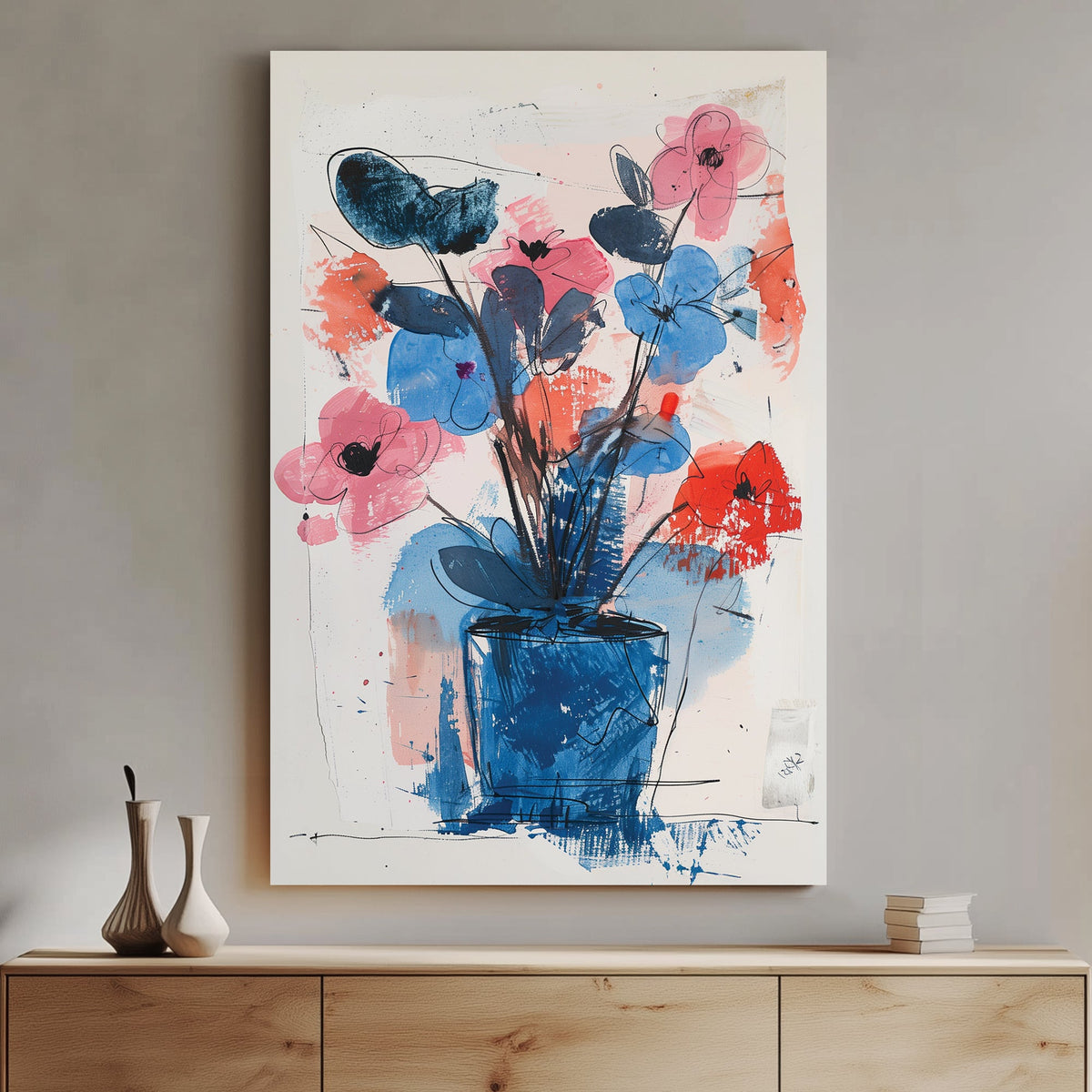 A modern abstract floral wall art print featuring bold strokes of blue, pink, and red with a wall art print-like bouquet in a textured composition.