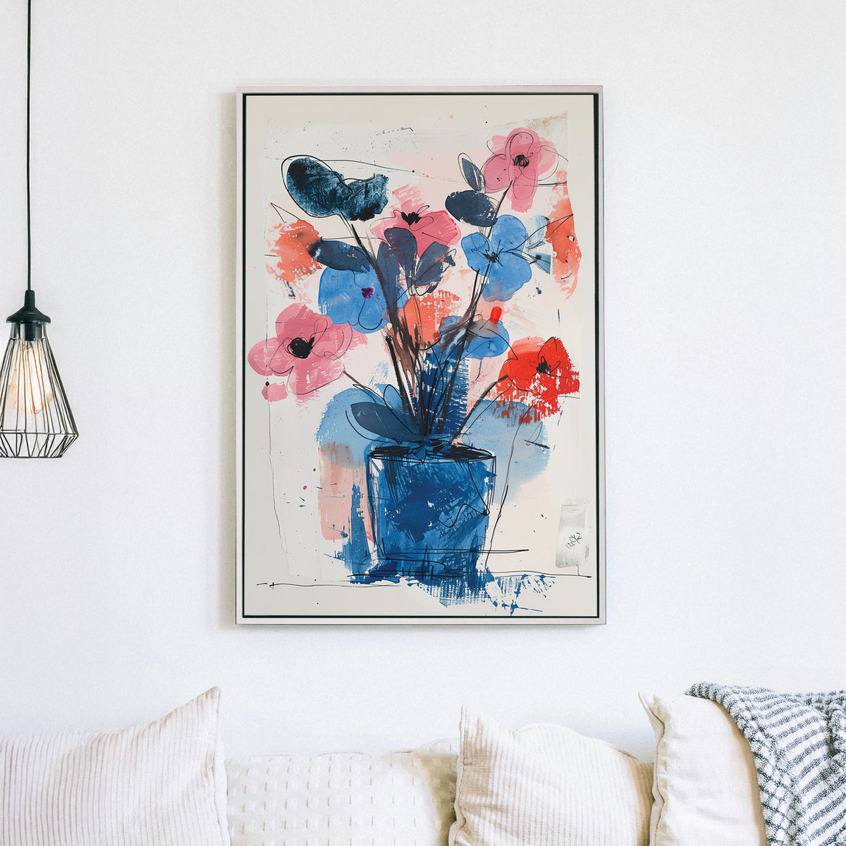 A modern abstract floral wall art print featuring bold strokes of blue, pink, and red with a wall art print-like bouquet in a textured composition.