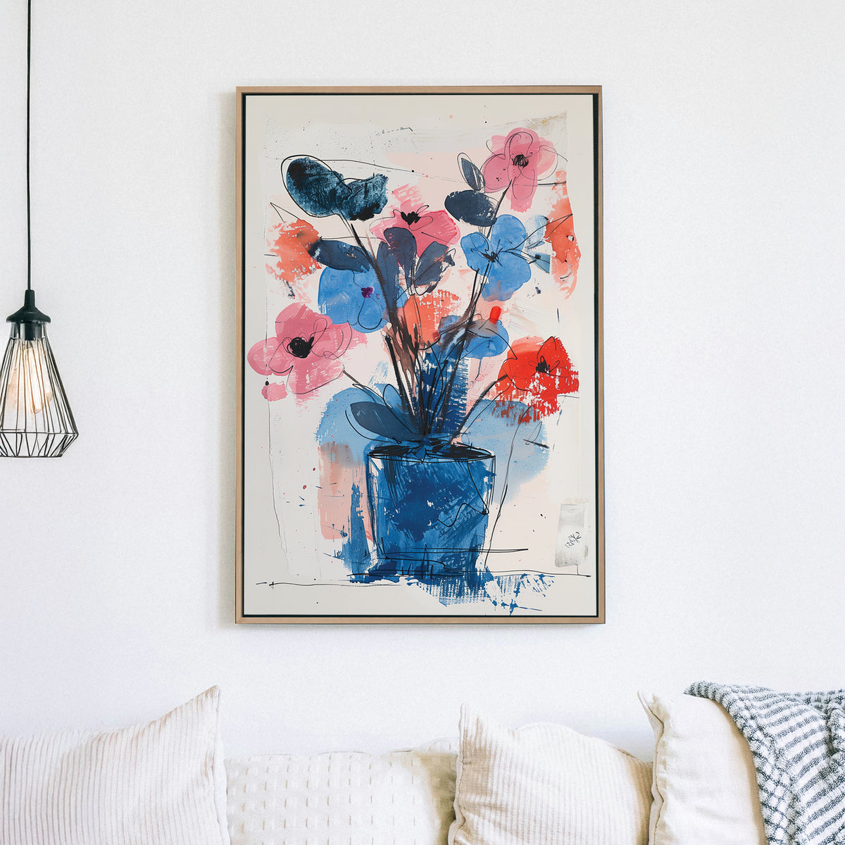 A modern abstract floral wall art print featuring bold strokes of blue, pink, and red with a wall art print-like bouquet in a textured composition.
