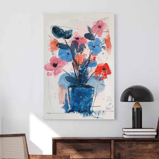 A modern abstract floral wall art print featuring bold strokes of blue, pink, and red with a wall art print-like bouquet in a textured composition.