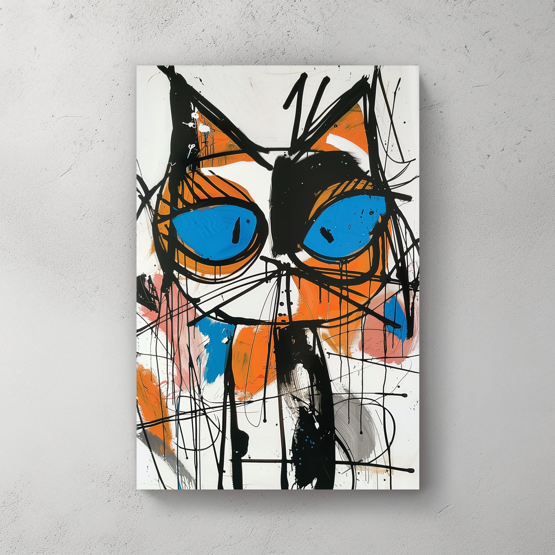 A bold abstract wall art print of a cat with piercing blue eyes, featuring dripping black strokes and vivid orange, pink, and blue accents in a graffiti-inspired style