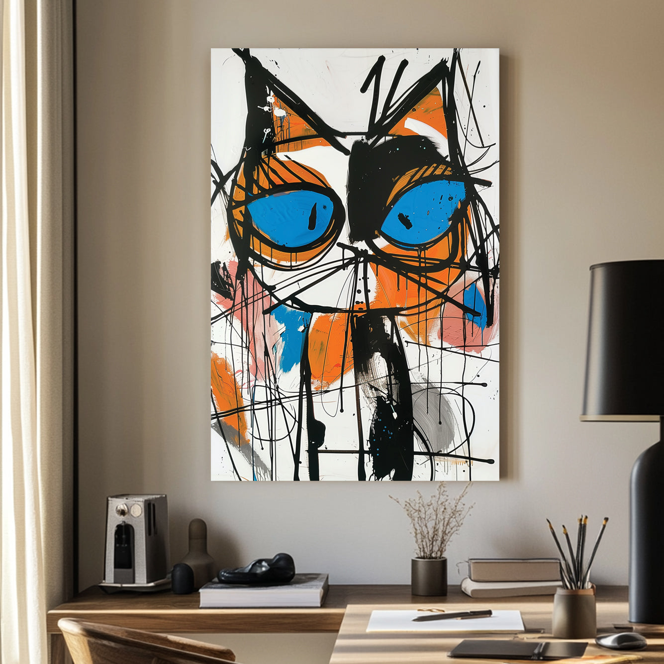 A bold abstract wall art print of a cat with piercing blue eyes, featuring dripping black strokes and vivid orange, pink, and blue accents in a graffiti-inspired style