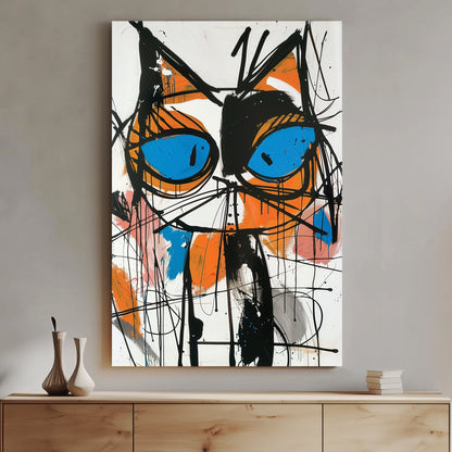 A bold abstract wall art print of a cat with piercing blue eyes, featuring dripping black strokes and vivid orange, pink, and blue accents in a graffiti-inspired style