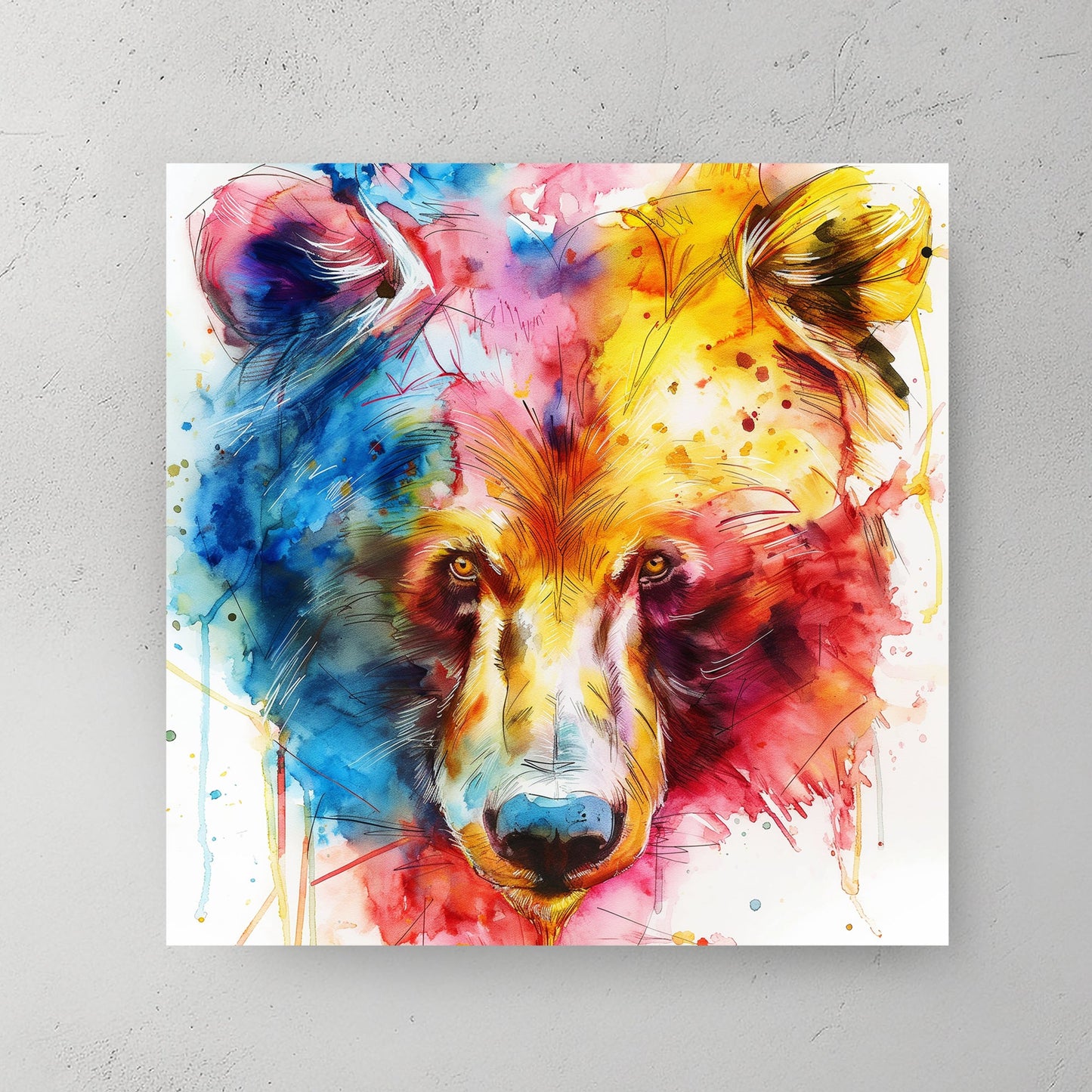 A vibrant abstract watercolour wall art print of a bear, featuring bold splashes of blue, red, and yellow with intense, expressive brushstrokes.