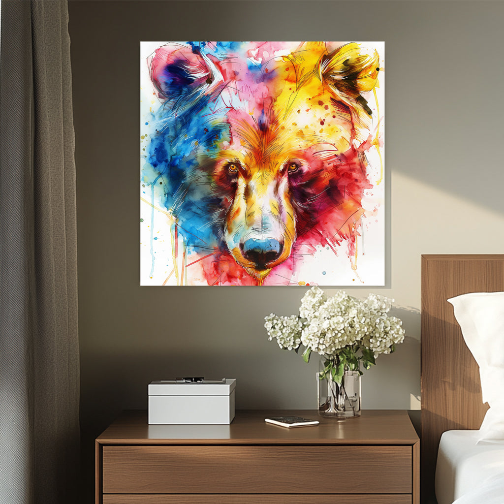 A vibrant abstract watercolour wall art print of a bear, featuring bold splashes of blue, red, and yellow with intense, expressive brushstrokes.