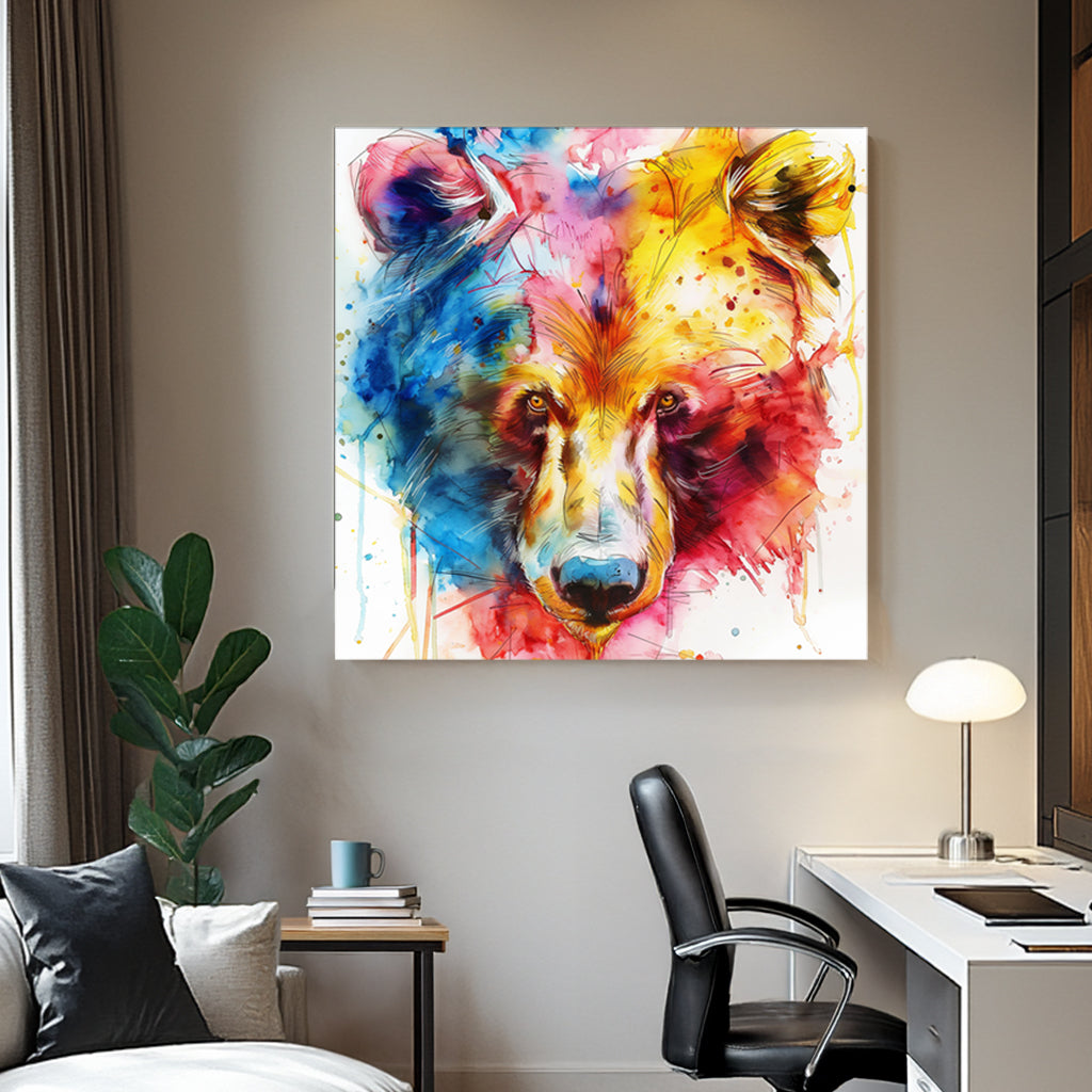 A vibrant abstract watercolour wall art print of a bear, featuring bold splashes of blue, red, and yellow with intense, expressive brushstrokes.