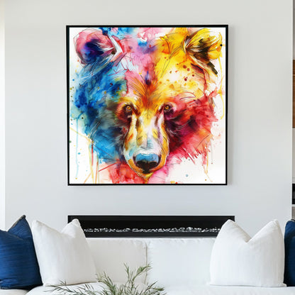 A vibrant abstract watercolour wall art print of a bear, featuring bold splashes of blue, red, and yellow with intense, expressive brushstrokes.