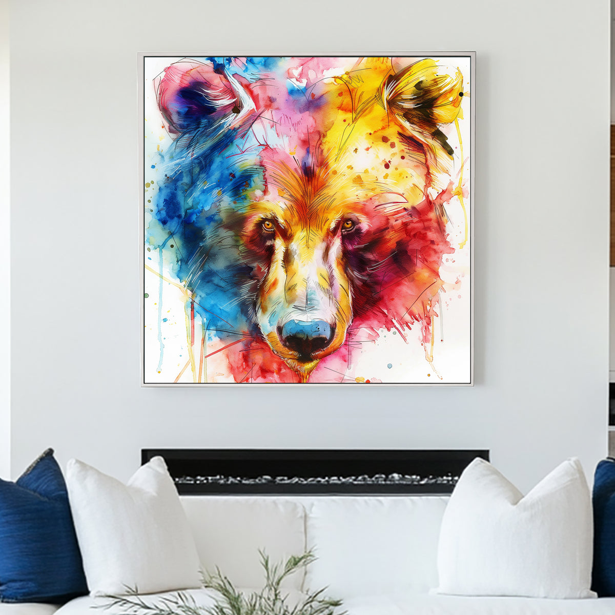 A vibrant abstract watercolour wall art print of a bear, featuring bold splashes of blue, red, and yellow with intense, expressive brushstrokes.