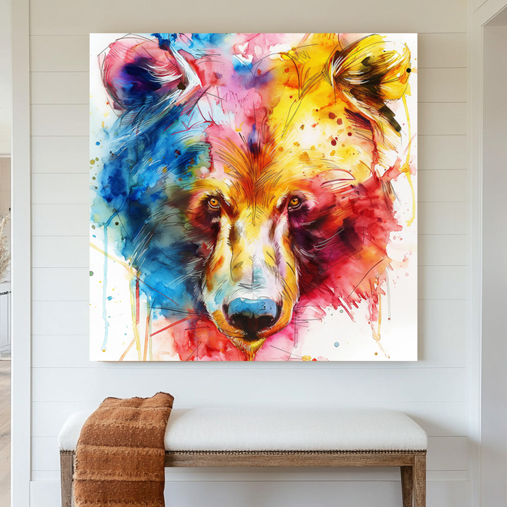 A vibrant abstract watercolour wall art print of a bear, featuring bold splashes of blue, red, and yellow with intense, expressive brushstrokes.