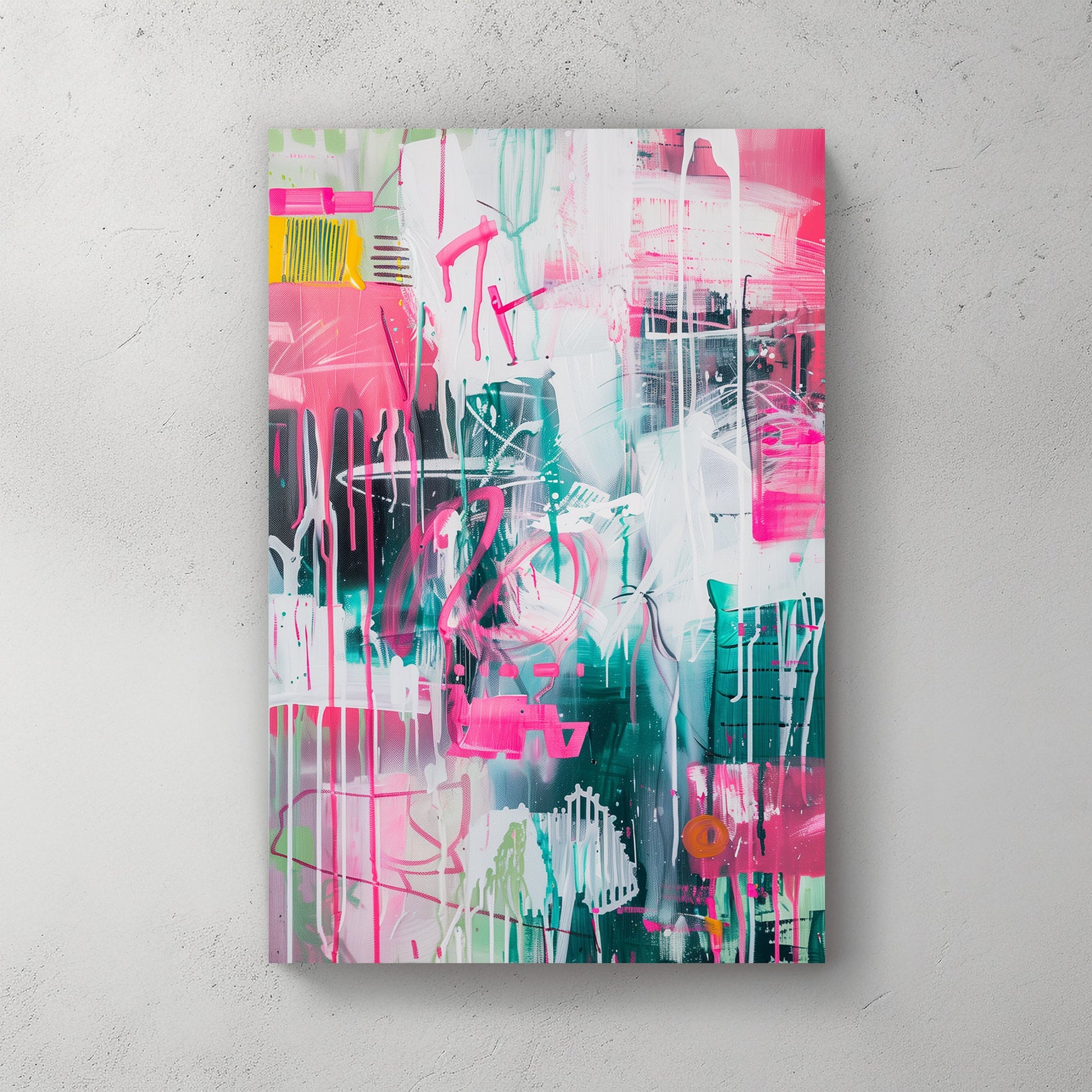 A dynamic abstract wall art print featuring drips of pink and green with layered brushstrokes and neon-style graffiti elements