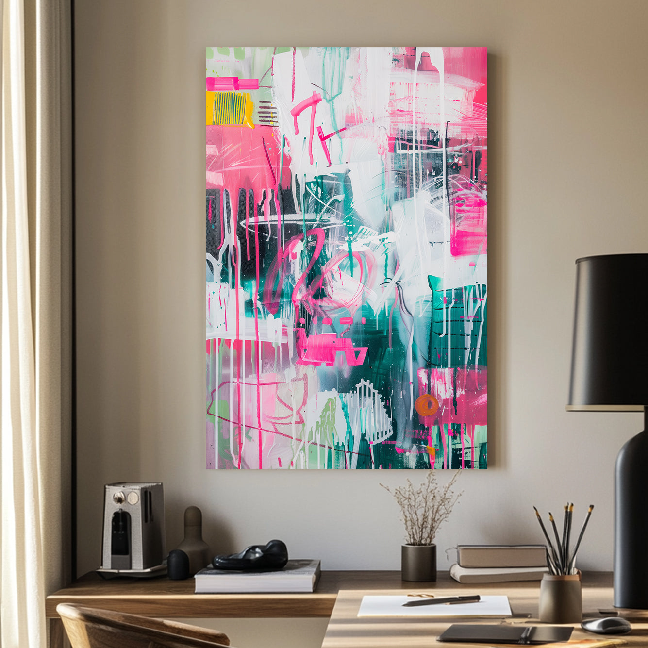 A dynamic abstract wall art print featuring drips of pink and green with layered brushstrokes and neon-style graffiti elements