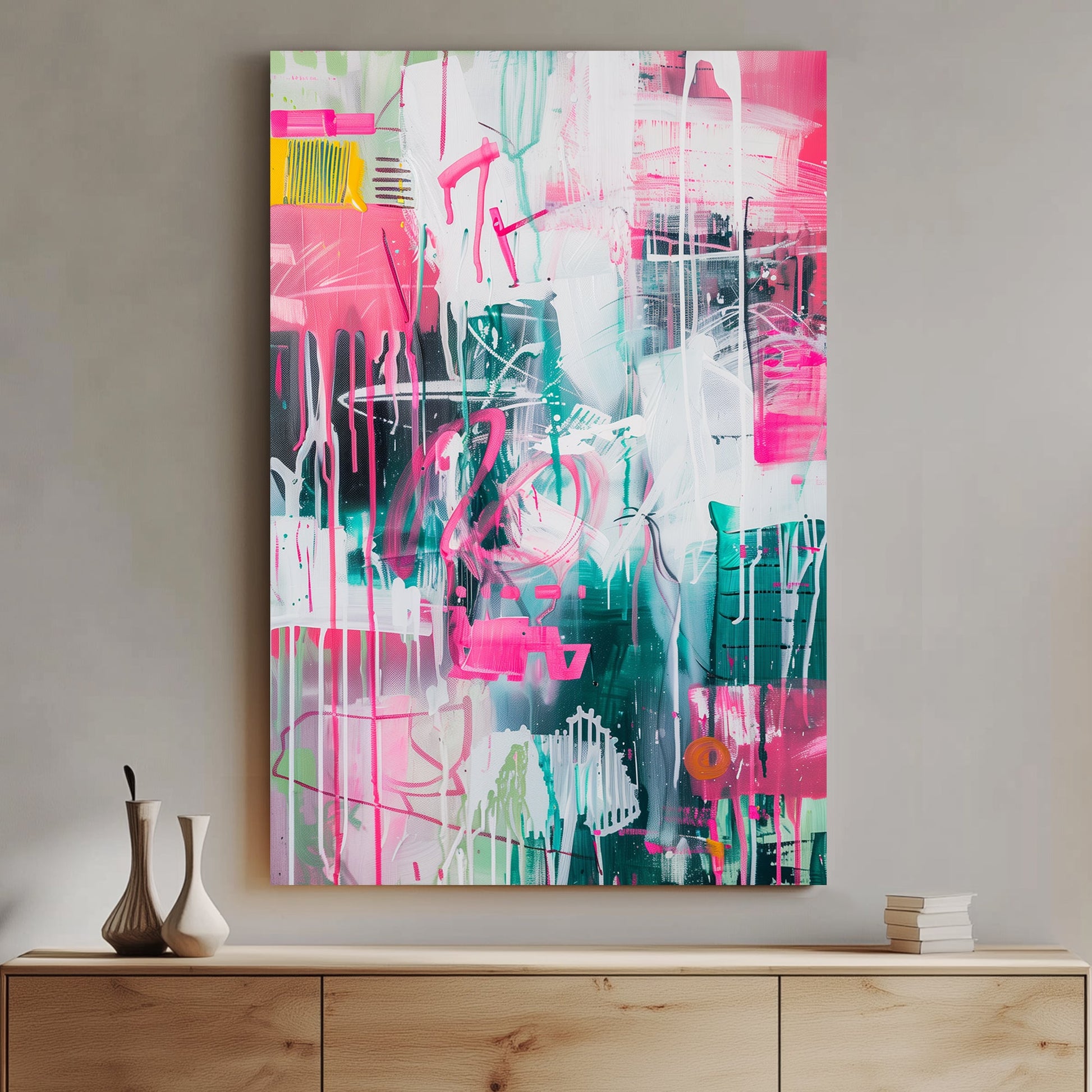 A dynamic abstract wall art print featuring drips of pink and green with layered brushstrokes and neon-style graffiti elements