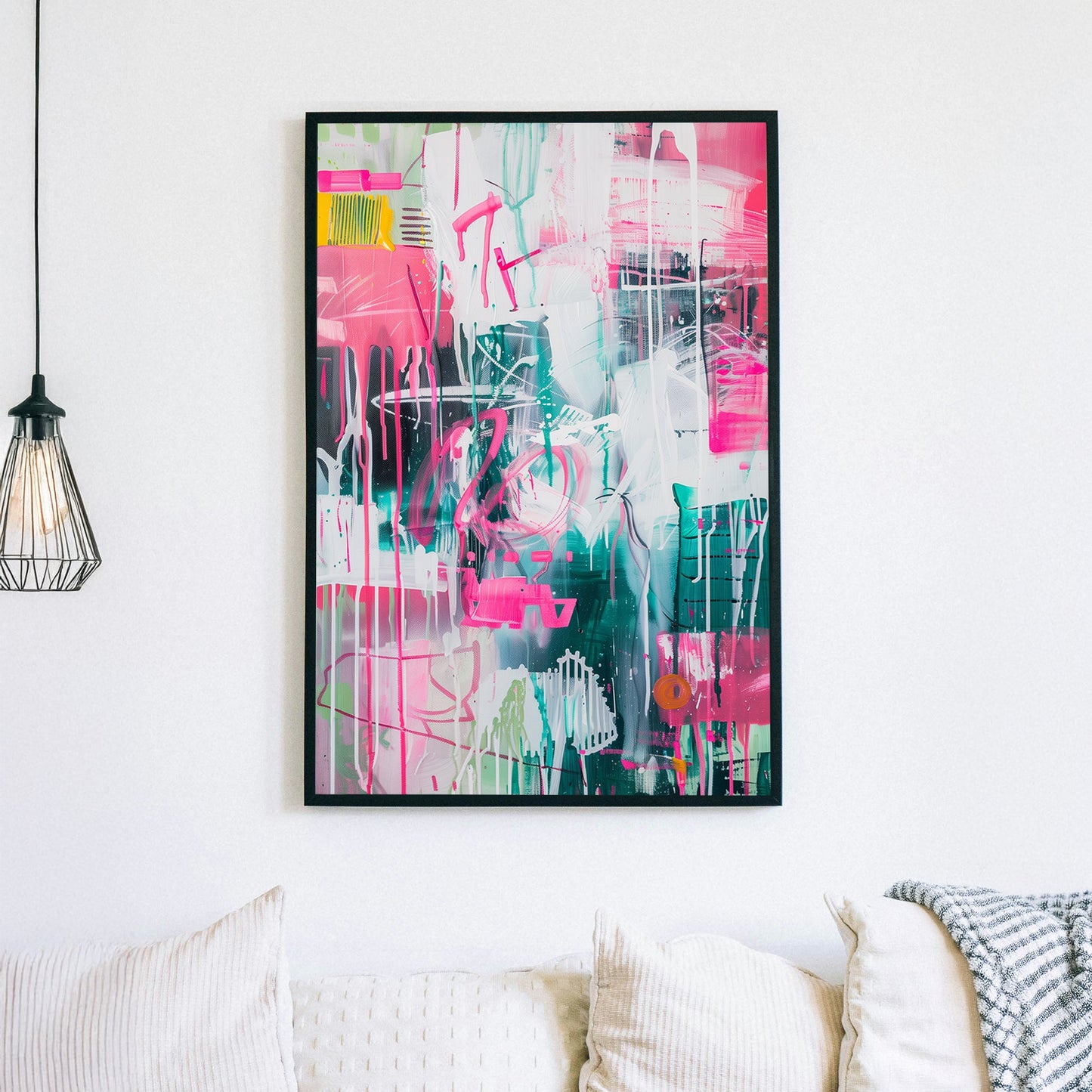 A dynamic abstract wall art print featuring drips of pink and green with layered brushstrokes and neon-style graffiti elements