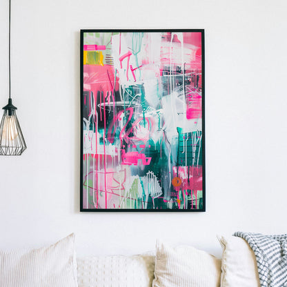 A dynamic abstract wall art print featuring drips of pink and green with layered brushstrokes and neon-style graffiti elements