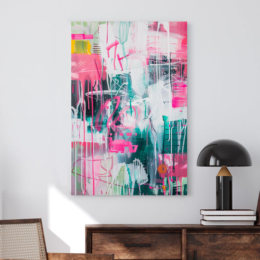 A dynamic abstract wall art print featuring drips of pink and green with layered brushstrokes and neon-style graffiti elements